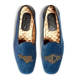 NIB Gucci Marmara Blue Velvet Embroidered Slip-On Loafers Size 7EU/8US $1250.00